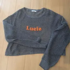 グレー メッシュ編み 長袖セーター Lucie刺繍