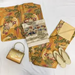 【1092】着物 袷 正絹 単品販売♪ オレンジ ~159cm 檜扇