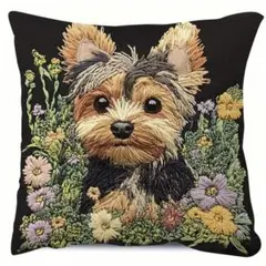 新品 クッションカバー 刺繍風 プリント ヨークシャーテリア 犬 動物 リアル