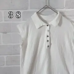 ホワイト ノースリーブ ポロシャツ　綿混　ボタン　白　M 夏　角襟　38
