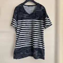 AKM 迷彩ストライプ VネックTシャツ