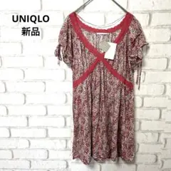 UNIQLO 半袖　レース　チュニック　フラワー　花柄　ピンク　新品　L