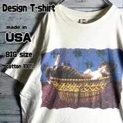【USA製】ネコアートTシャツ 　ビッグサイズ　4L相当　カゴ猫