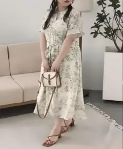 cletteクレット♡ 4L花柄風景柄ウエストリボンワンピース 左右ポケット付き