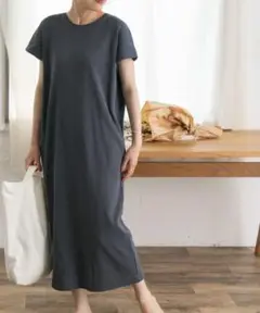 【着画】フォークアンドスプーン リブコットンフレンチスリーブワンピース 煙青