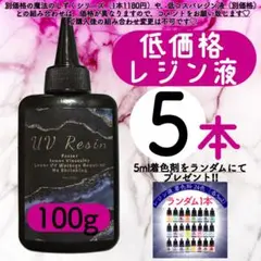 レジン液 100g 5本 耐黄変/高透明度/低刺激 着色料　低粘度　uvレジン