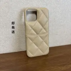 【即発送】iPhone12対応ベージュ キルティングレザー カードポケット付き
