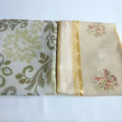 フラワー柄刺繍入りと 若草色と深緑の葉模様カーテン生地はぎれ　色柄違い2枚セット