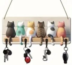 猫 シルエット 4フック付き 壁掛け　木製　鍵　ホルダー