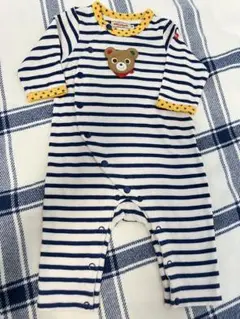 未使用に近い　ミキハウス ストライプロンパース 70