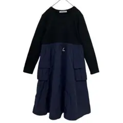 タフタ異素材　ドッキングワンピース　ドロスト　バイカラー　カーゴポケット　黒　L