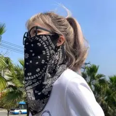 ネックカバー UV フェイスマスク バンダナ風 ペイズリー 黒 ブラック j