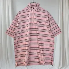 ツアーステージ ゴルフウェア L ピンク系ボーダー 半袖ハイネックポロシャツ