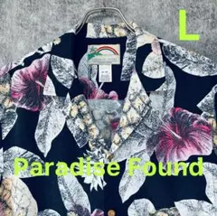 Paradise Found レーヨン100%アロハシャツLブラックハイビスカス