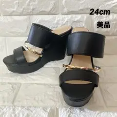 斜めゴールドライン☆ウェッジソールサンダル Lサイズ24㎝黒ブラック