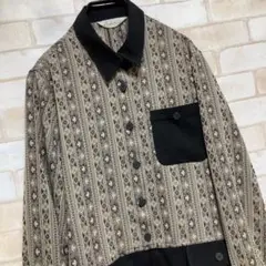 菱形 刺繍模様 レトロ ヴィンテージ シャツ 黒 ベージュ系