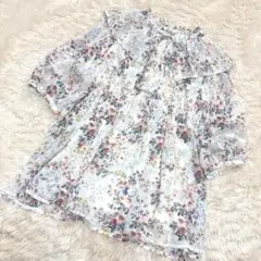 ラッフルカラー 花柄ブラウス 5分袖 シフォン 美品