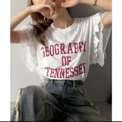 Lサイズ mily bilet ダブルフリル袖カレッジライクロゴゆるTシャツ