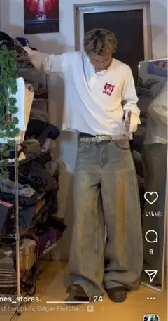 menes Dirty Mid Blue Baggy Jenans mサイズ