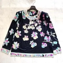 美品✨レオナール 高級シルクウール カットソー 花柄 トリム ブラック XL相当