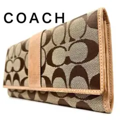 COACH 長財布　キャンバス　レザー　ベージュ　ブラウン