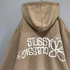 【超希少デザイン】STUSSY⭐︎両面ロゴ入りジップパーカー 花柄 ベージュ M