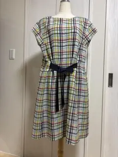 美品Jocomomolaチェック柄ウエストリボン付きAラインワンピース