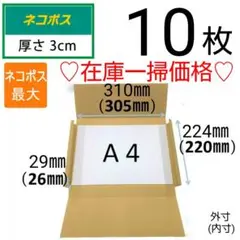 ◇ 10枚 ネコポス 最大サイズ 厚さ3㎝ 対応! A4 ダンボール 箱 ◇