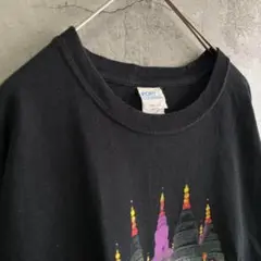 古着 アメリカ輸入 城 アート 両面プリント Tシャツ 半袖 Lサイズ 黒色