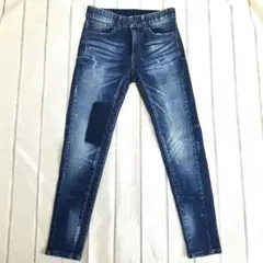 【レトロエンジン】ダークブルー スキニーデニム ペイントスプラッター S