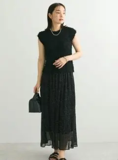 ショコラフィネ　ドット　プリーツロングスカート　ネイビー　フリーサイズ
