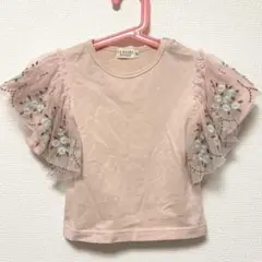 女の子 ピンク フリル袖 花柄刺繍 Tシャツ