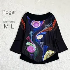 【Rogar】プリントメッシュTシャツ 7分袖 社交ダンス衣装 韓国製 黒 美品