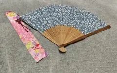 青色花柄扇子と専用ケース