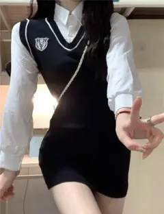 【L】制服ルック ミニワンピース ポロ襟 レイヤード ブラック C581