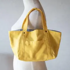 イエロートートバッグ 厚手木綿 ポケット付き 夏 お出かけ用 ハンドメイド