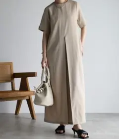 r． リネンタッチフロントタックマキシOP アールドット ロングワンピース