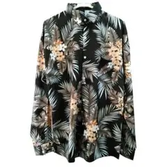 新品/匿名/メンズ 長袖柄シャツ 花＆ヤシの葉柄 レギュラーカラー柔らかL位黒地