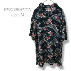 【レストレーション】RESTORATION アロハシャツ 金魚柄 ブラック M