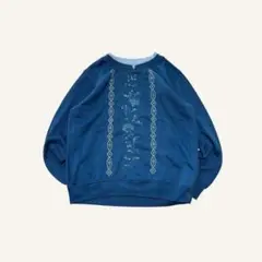 USA古着 花柄刺繍スウェット ダブルネックラグランスリーブトレーナー ブルーM
