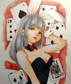 手描きイラストA4　コピック・水彩画『バニーガール』