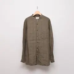 UNITED ARROWS 長袖 リネン チェック バンドカラー シャツ L