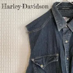 【ハーレーダビットソン】デニムベスト XL 刺繍ロゴ ワッペン 黒 カットオフ