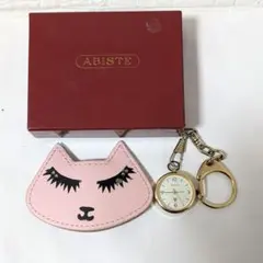 未使用　アビステ　時計　キーホルダー　レザー　ねこ　箱付き