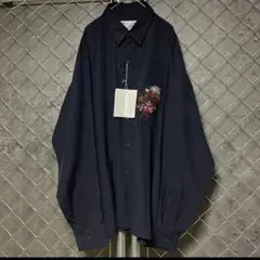 90's GOOUCH 刺繍アートデザイン　ネイビー長袖シルクシャツ　Lサイズ.