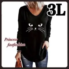 【3L／ブラック】猫ちゃん フェイス 長袖Tシャツ 大きいサイズ レディース