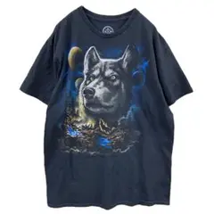 ドム　メンズTシャツ　アニマルプリント　狼　ウルフ　半袖　M　黒　【2813】