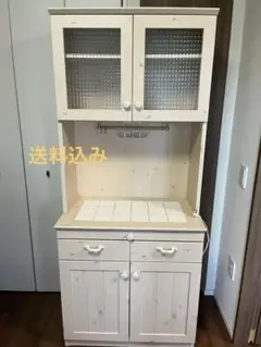 【送料込】アンティーク風　カップボード　食器棚　ホワイトベージュ