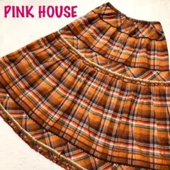 【ピンクハウス*ロングスカート】チェック柄 オレンジ 可愛い ボトム フリル