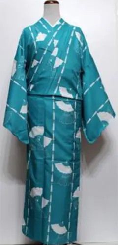 新品送料無料 no6単衣仕立て上がりポリエステル 踊りきもの青緑に扇子Lサイズ